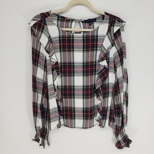 Sanctuary Plaid Ruffle Blouse Womens Medium White Red Long Sleeve Rayon Holiday